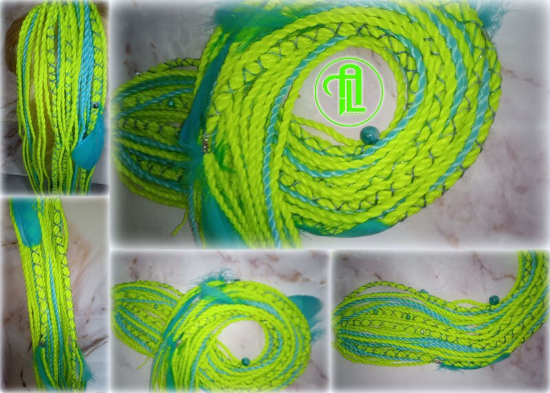 Ponytail Hair Fall Extensions Neon Green Slime Blue Elements Accents Feathers synthetic senegalese twist braids hair scrunchie clip in