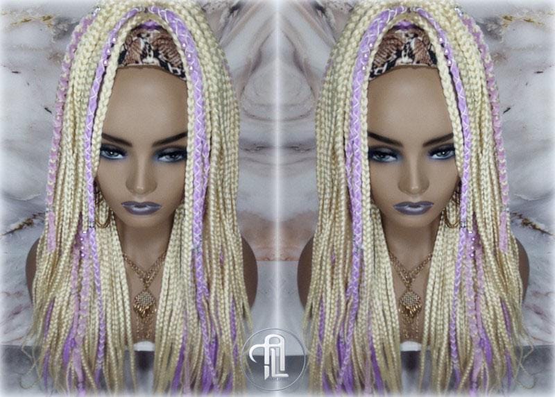 Headband Wig Blonde 613 Platinum Purple Lavendar Box Braids Gypsy Bohemian Boho Box Braids Long Straight Plaits Braided Wig Viking