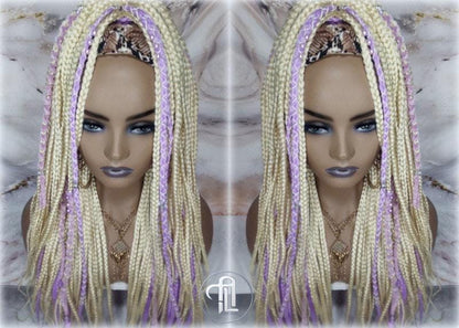 Headband Wig Blonde 613 Platinum Purple Lavendar Box Braids Gypsy Bohemian Boho Box Braids Long Straight Plaits Braided Wig Viking