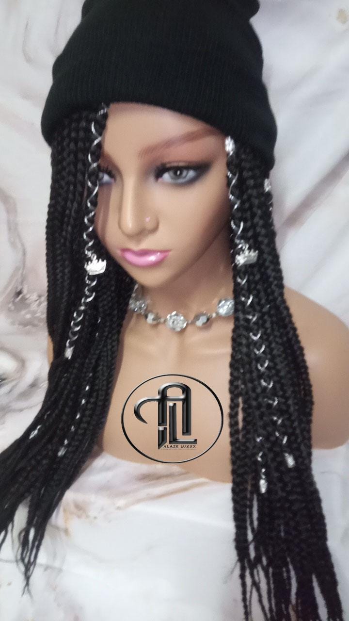 Beanie Hat Black Box Braid Boho Style Long Hat Beanie Braided Hat Winter fall fashion Cap Wig Hat Chemo Hat Alopecia Silver Accents Charms