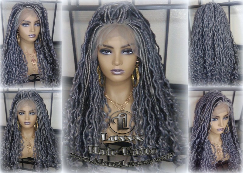 Lace Frontal w Baby Hairs Faux Locs Synthetic Goddess LONG Lace Salt N Pepper Closure w Baby Hairs Dread Wig Wavy Black  1b 51 Grey Gray