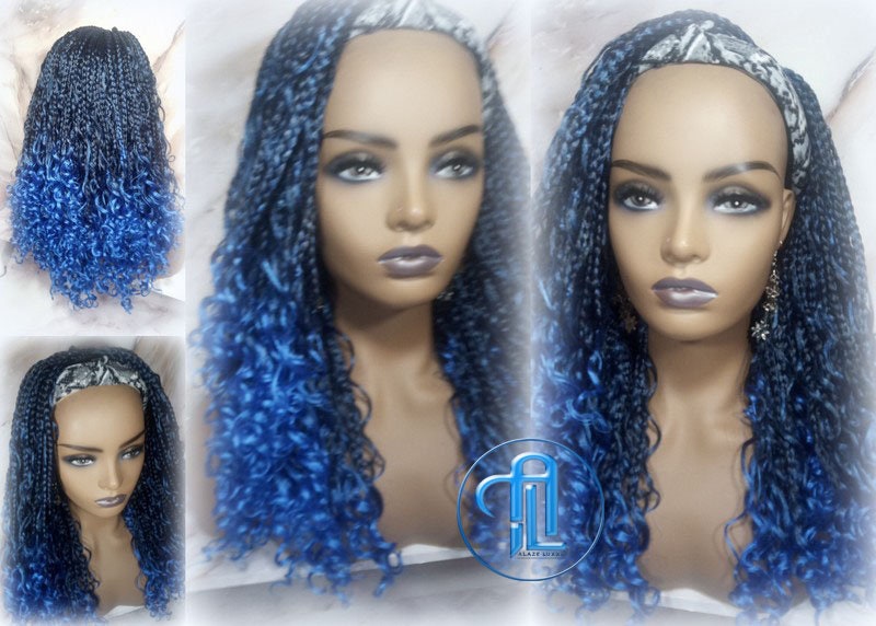 Blue Ombre Headband Braid Wig Goddess Box Braids Mermaid Boho curly bohemian braids Gradient Hair Short Curly 14 16in Viking Braids
