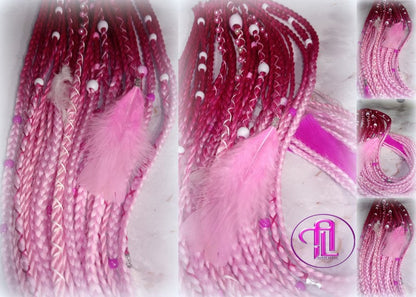 Ponytail Hair Fall Extensions Dark Pink Light Pink Ombre Elements Accents Feathers synthetic box braids hair scrunchie clip in Clip on Braid