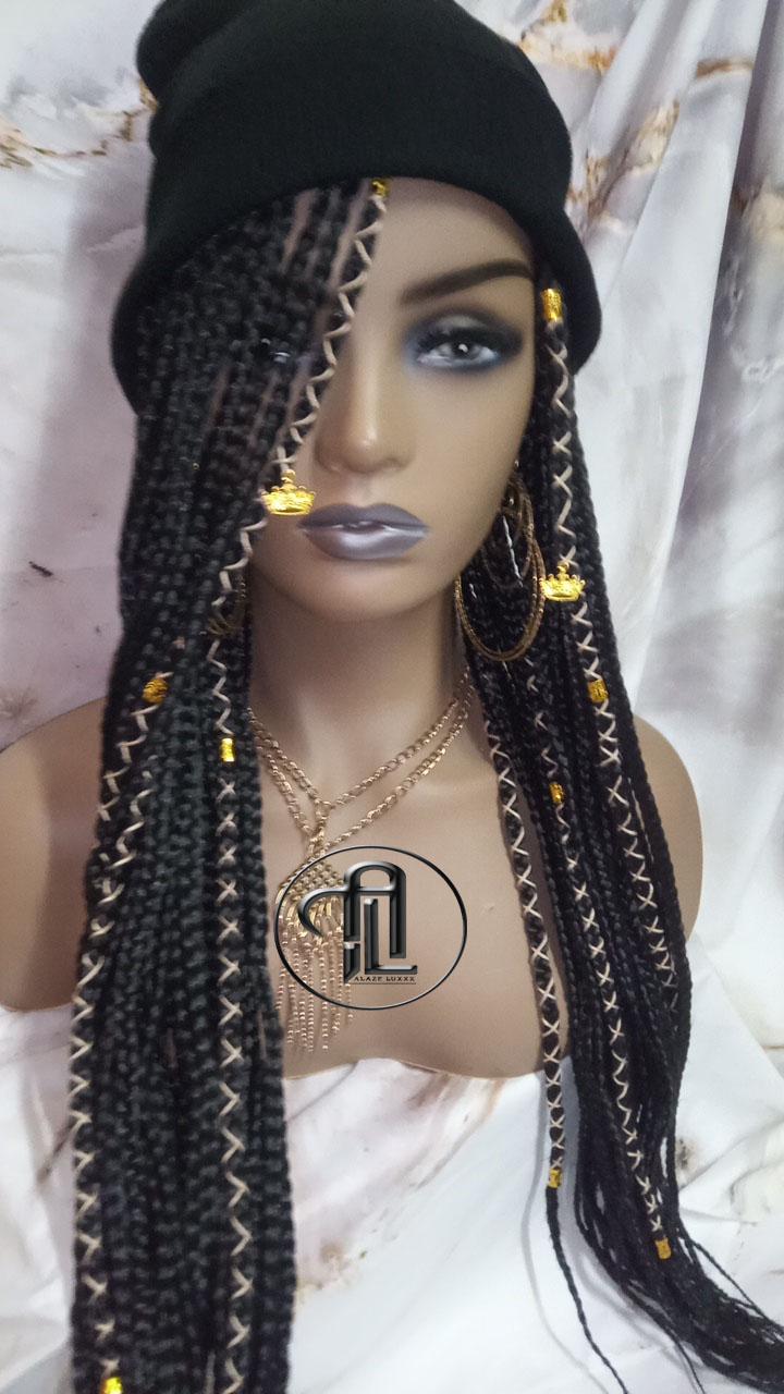 Beanie Hat Black Box Braid Boho Style Long Hat Beanie Braided Hat Winter fall fashion Cap Wig Hat Chemo Hat Alopecia Gold Accents Charms