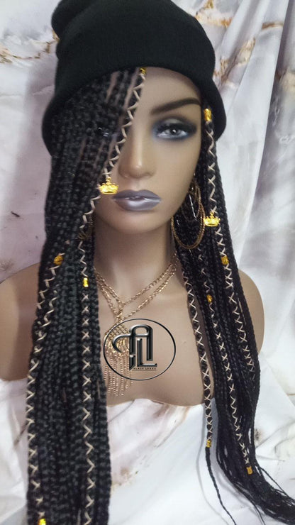 Beanie Hat Black Box Braid Boho Style Long Hat Beanie Braided Hat Winter fall fashion Cap Wig Hat Chemo Hat Alopecia Gold Accents Charms