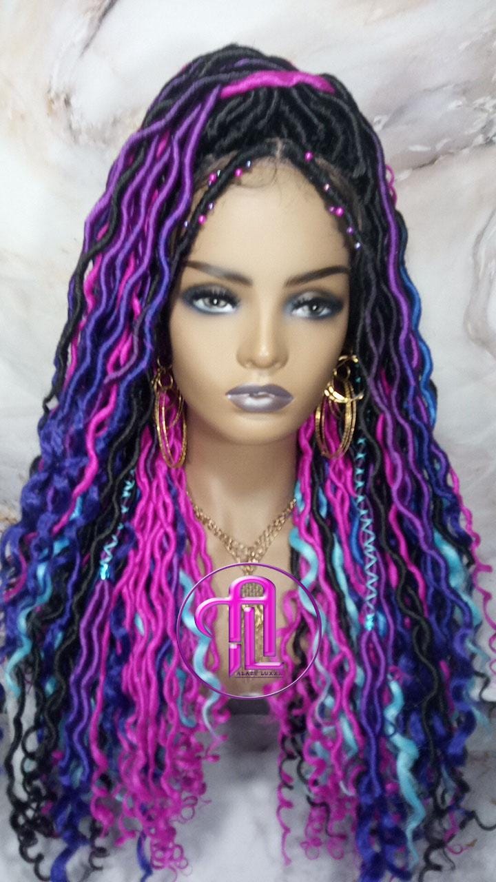 Full Lace Braid Dread Wig Black Blue Pink Purple Ombre Goddess Faux Loc Wig Mermaid long rainbow boho bohemian braids wig