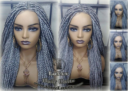 Box Braid 44 51 Wig Grey Gray Silver Lace Baby Hair Storm Long Medium Straight Glueless! Braid Lace Wig Pre Stretched Braiding Hair