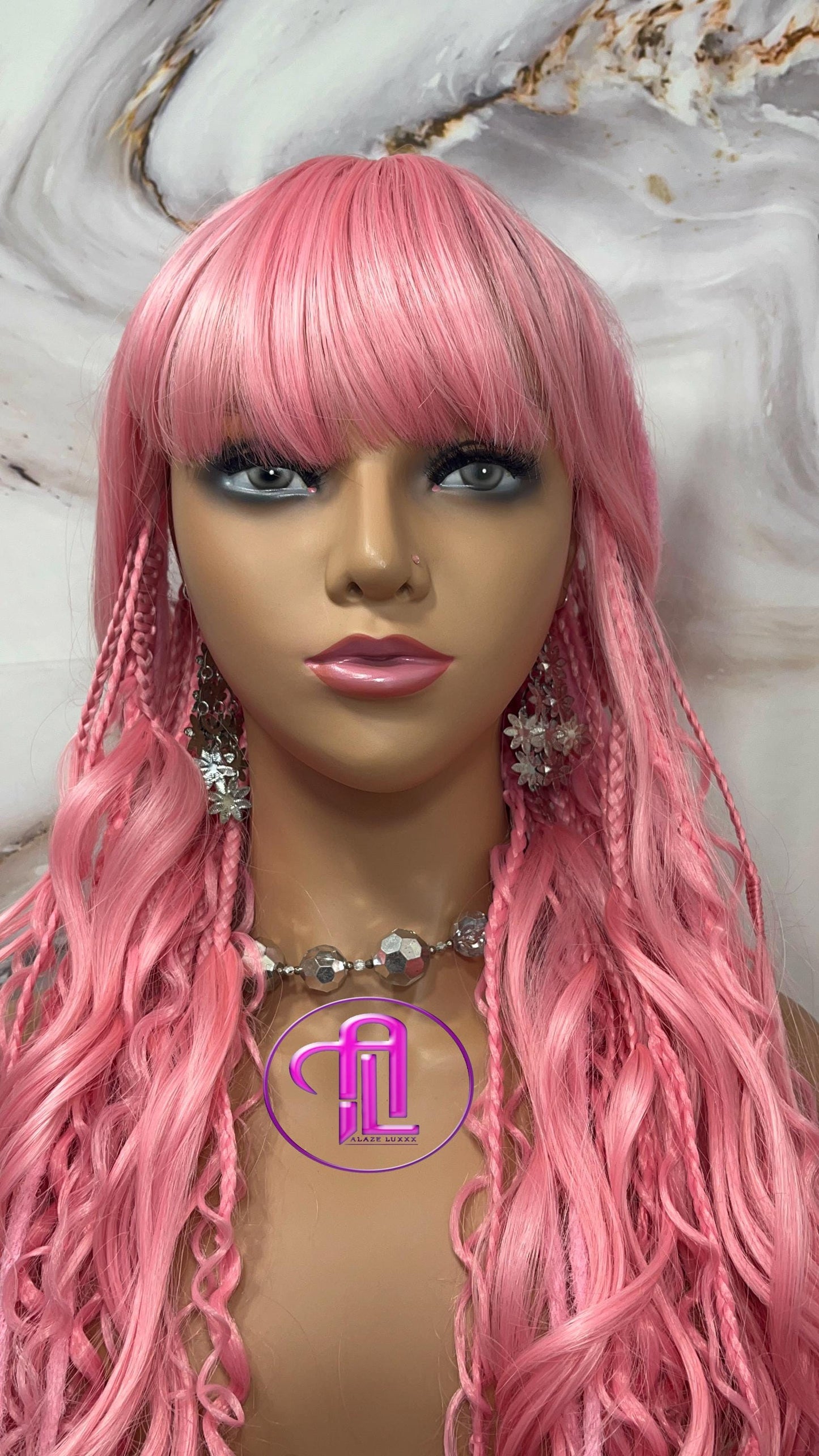 Pink Dread Braid Wig With Bangs – Long Synthetic Boho Glam Wig Chain Snake Goddess Loc Braid Wavy Curly