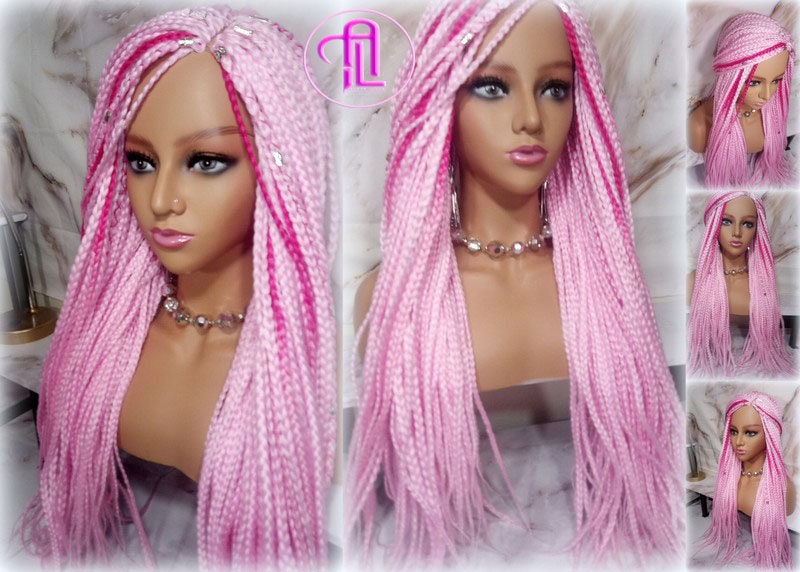 Light Pink Hot Pink Mermaid Princess Wig Box Braids braided Synthetic hair Lace Part Wig Light Pink wig extensions stage hair wig Barbie