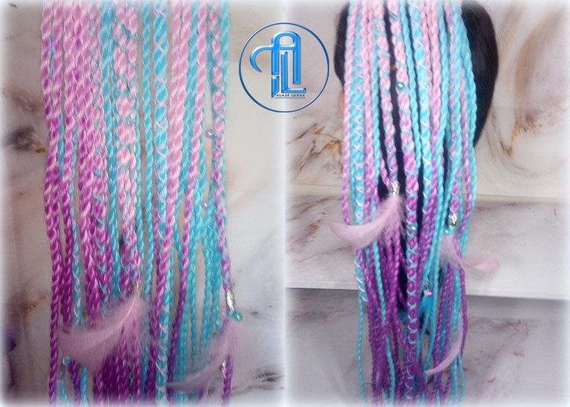 Ponytail Hair Fall Extensions Pink Ombre Purple Blue Elements Accents Feathers senegalese twist braids hair scrunchie gender reveal