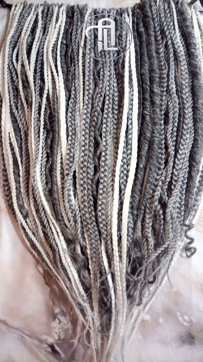 Grey Single Ended SE 100 Piece Set Kit Mixed Soft Crochet Boho Dread Braid Hair Wraps Extensions Textured Natural Realistic Silver White