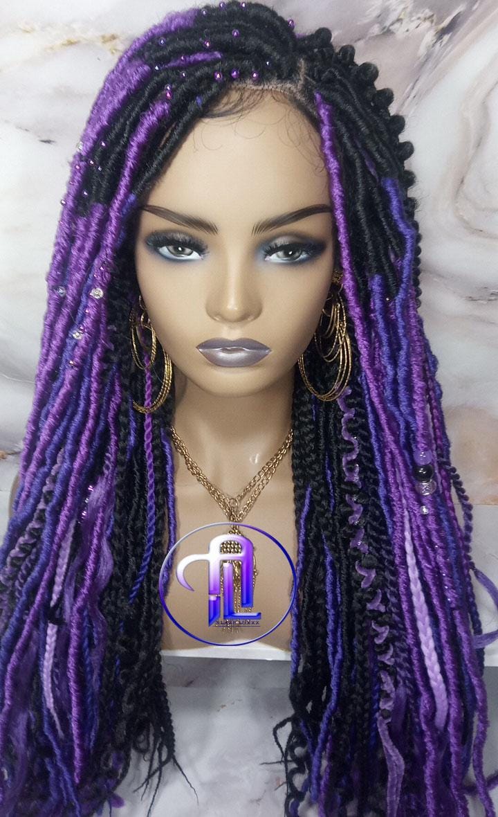Full Lace Braid Dread Wig Black Purple Ombre Lavendar Goddess Faux Loc Wig Mermaid long rainbow boho bohemian braids wig