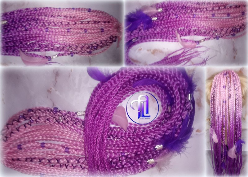 Ponytail Hair Fall Extensions Pink Ombre Purple Elements Accents Feathers synthetic box braids hair scrunchie clip in Clip on Braids