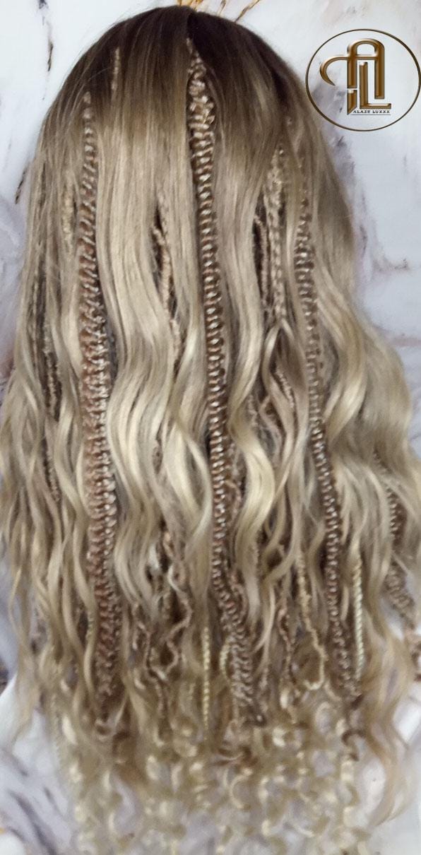Dread Braid Bangs Full Wig Twist Soft Crochet Boho Synthetic Dread Braid Bohemian Dark Root Ombre Brown Blonde Long Wavy Curly Balayage Wig
