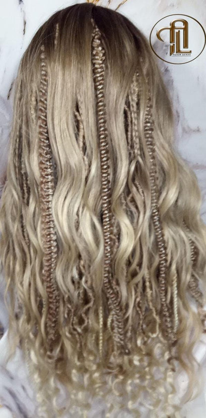 Dread Braid Bangs Full Wig Twist Soft Crochet Boho Synthetic Dread Braid Bohemian Dark Root Ombre Brown Blonde Long Wavy Curly Balayage Wig