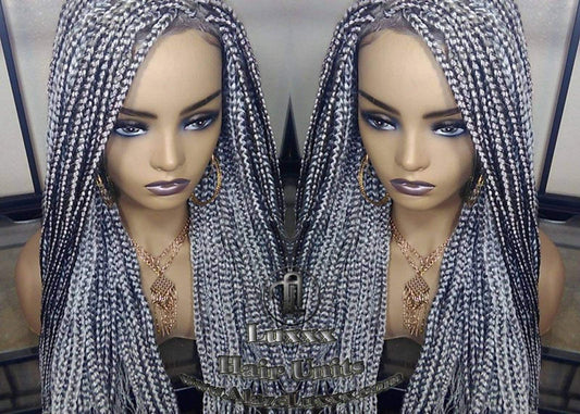 Box Braid 44 51 Wig Grey Gray Silver Lace Baby Hair Storm Long Medium Straight Glueless! Braid Lace Wig Pre Stretched Braiding Hair