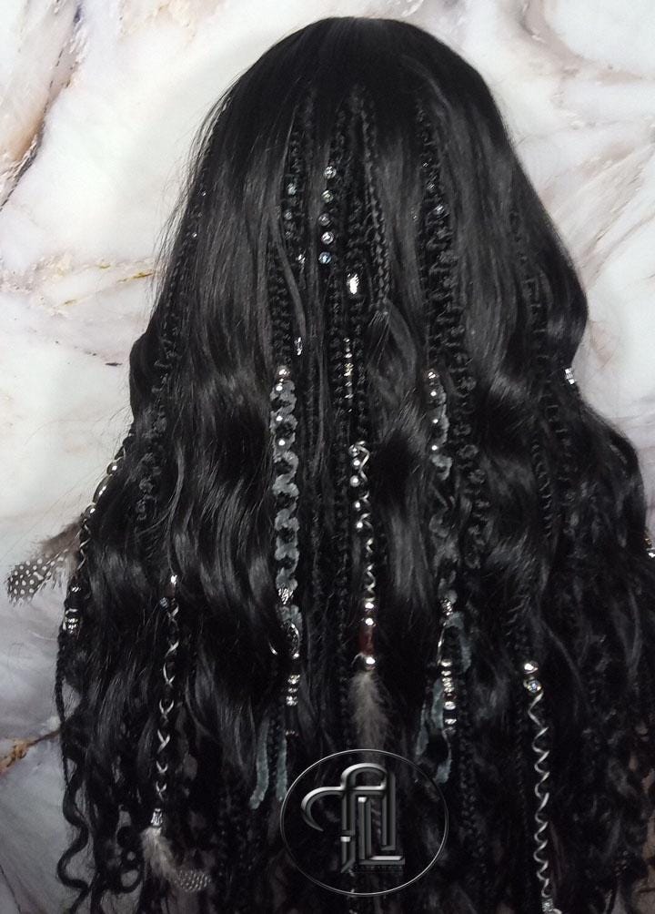 Black Full Wig Dread Braid Bangs Twist Soft Crochet Boho Synthetic Dread Braid Bohemian Black Long Wavy Curly Textured Dreads Silver Decor