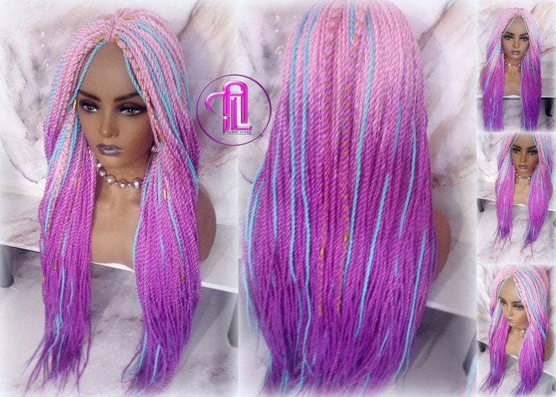 Ombre Pink Purple Blue 24 Inch Long Soft Senegalese Twist Ombre Braids Hair Synthetic Braiding Hair Extension Unicorn accents