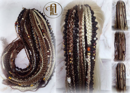 Braid Dread Ponytail Brown Blonde Hair Fall Viking Renaissance Extensions Feathers synthetic box braids hair scrunchie clipin bumpy lumpy