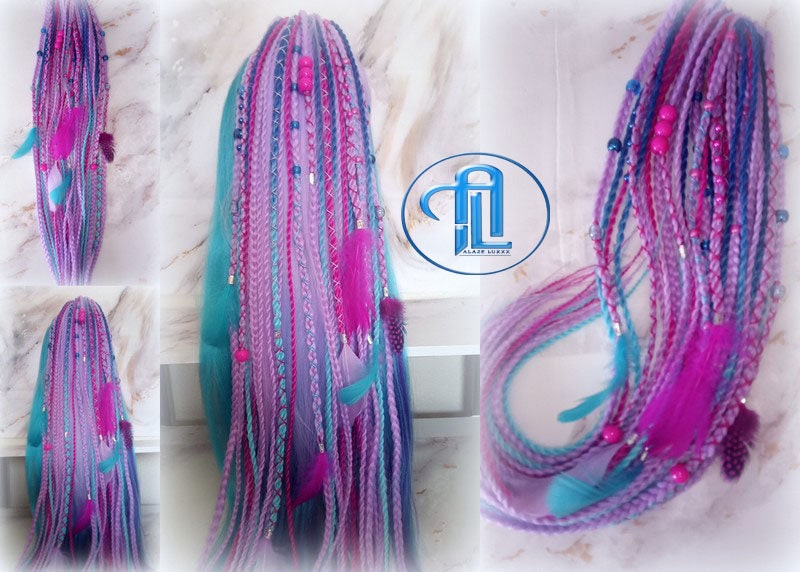 Ponytail Hair Fall Extensions Purple Pink Blue Elements Accents Feathers synthetic box braids hair scrunchie clip in Clip on Braids