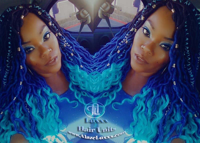 Goddess Faux Locs Blue Ombre curly long wig synthetic dreads crochet braids Mermaid Hair Blue Braid Wig Hair