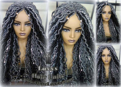 Goddess Faux Dread Locs Salt N Pepper 44 51 Gypsy Boho Silver Black 1B Grey Gray Platinum Storm Wig Unit Wavy