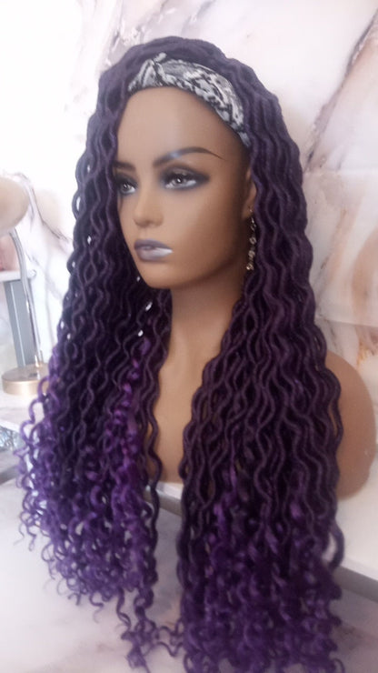 Headband Wig Viking Ombre Goddess Boho Locs  Black Purple Faux Locs Crochet Synthetic Dread Curly Ends Braided Hair Fall