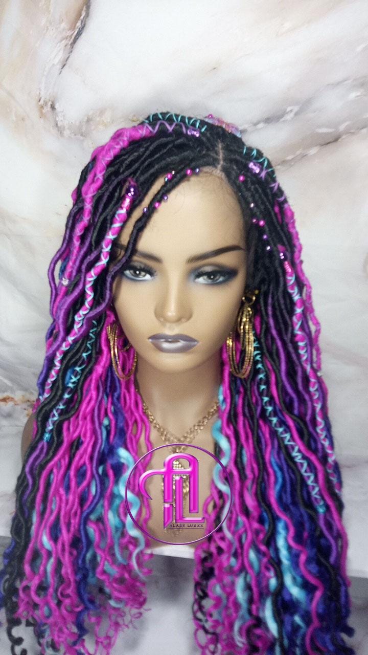 Full Lace Braid Dread Wig Black Blue Pink Purple Ombre Goddess Faux Loc Wig Mermaid long rainbow boho bohemian braids wig