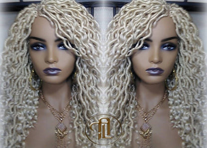 613 Blonde Goddess Faux Locs 14in Short Braid Wig Platinum White Blonde Marley Dred Lock Wig Gypsy Bohemian Boho Lace Part