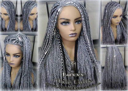 Box Braid 44 51 Wig Grey Gray Black 1b Silver Metallic Chrome Lace Baby Hair Storm Long Medium Straight Glueless! Braid Lace Wig