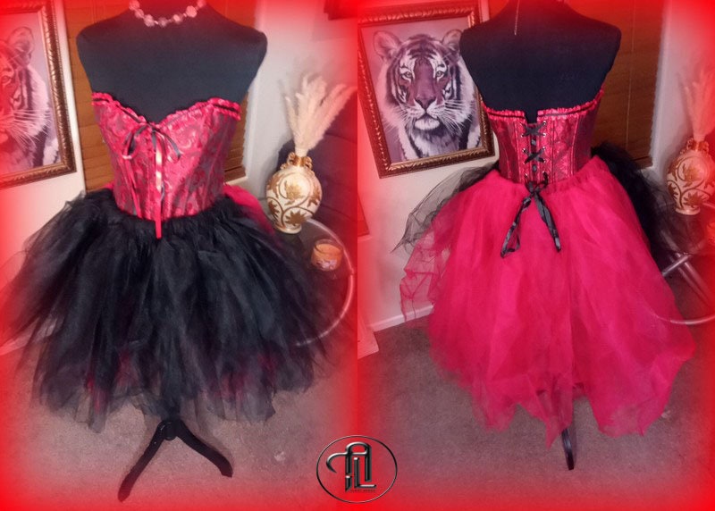 Red Black Dress Tulle Mesh Skirt Corset Outfit Hi Low Layered Skirt Prom Anniversary Sweet16 Sexy Bodycon Costume Adult Birthday Party Dress