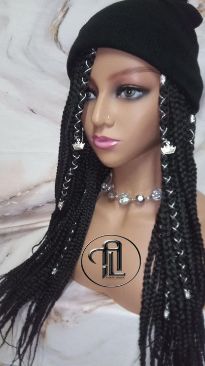 Beanie Hat Black Box Braid Boho Style Long Hat Beanie Braided Hat Winter fall fashion Cap Wig Hat Chemo Hat Alopecia Silver Accents Charms