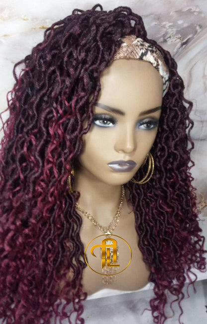 Headband Wig Mix Burgundy Black Ombre River Boho Loc Wig Goddess Faux Locs Gypsy Bohemian Curly Waterfall Hair Curly Ends