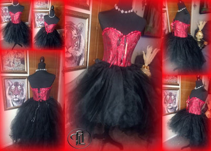 Red Dress Tulle Mesh Skirt Corset Outfit Red Black Hi Low Layered Skirt Prom Anniversary Sweet 16  Sexy Bodycon Costume Adult Birthday