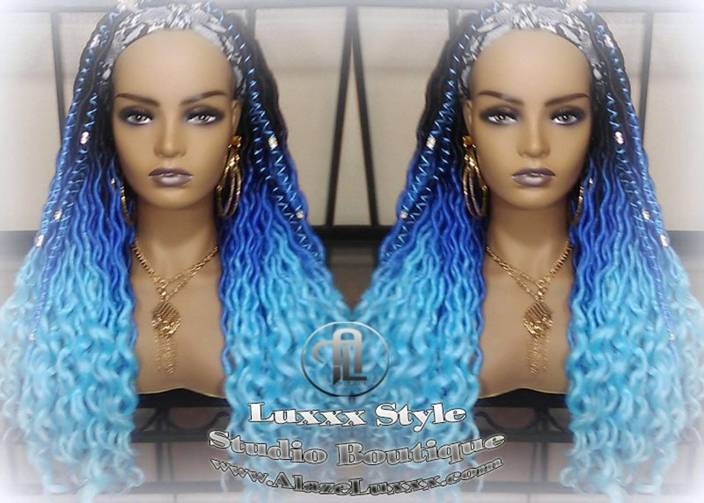Headband wig Blue Ombre gradient Goddess Faux Locs Dreadlock Wig Mermaid curly long rainbow boho bohemian wig
