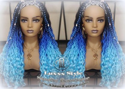 Headband wig Blue Ombre gradient Goddess Faux Locs Dreadlock Wig Mermaid curly long rainbow boho bohemian wig
