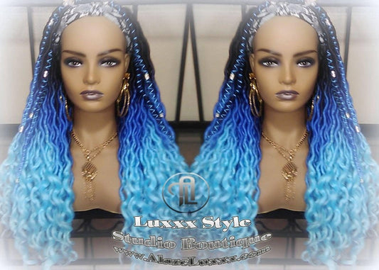 Headband wig Blue Ombre gradient Goddess Faux Locs Dreadlock Wig Mermaid curly long rainbow boho bohemian wig