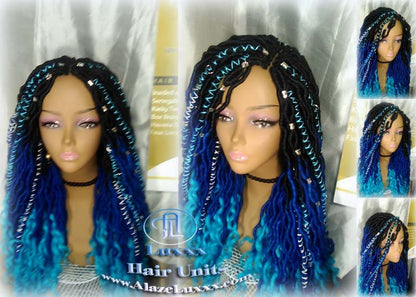 Blue Ombre Goddess Faux Locs Mermaid curly long distressed bohemian braids Natural dreads locs Wig for Black women Gift for women