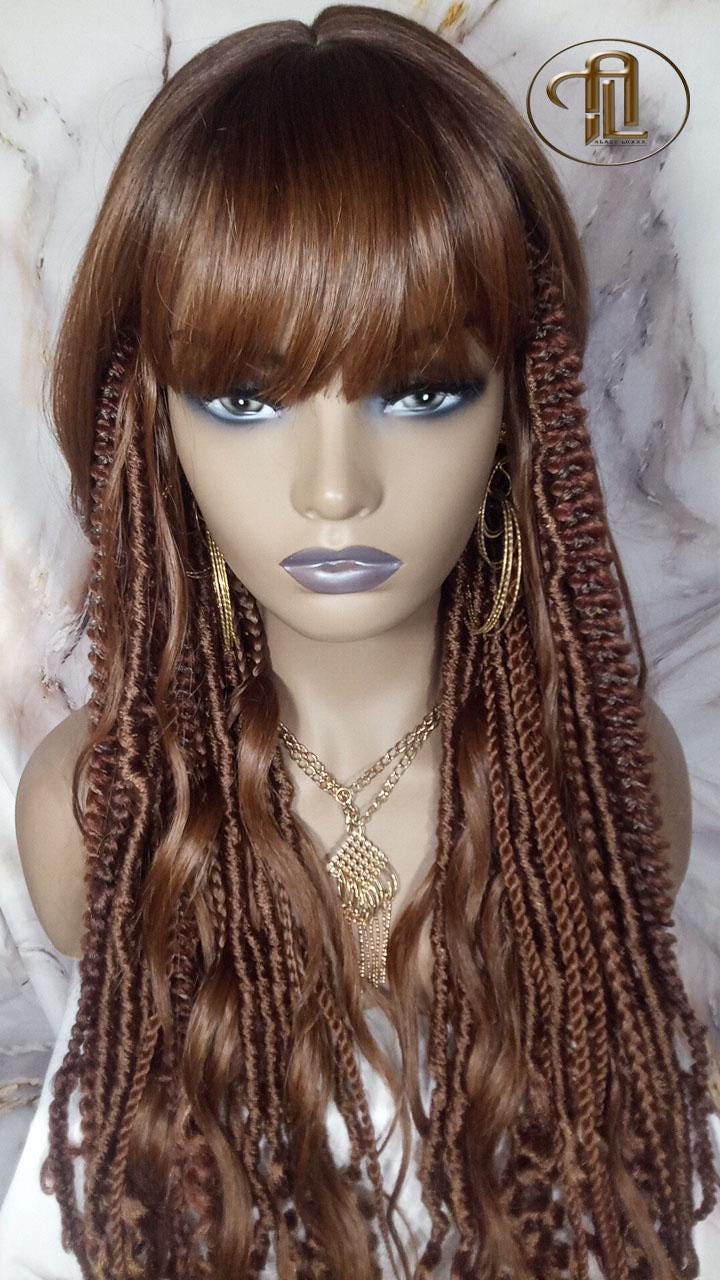 Full Wig Dread Braid Bangs Twist Soft Crochet Boho Synthetic Dread Braid Bohemian Dark Root Ombre Brown  Long Wavy Curly Textured Dreads