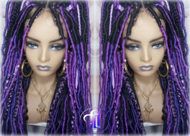 Full Lace Braid Dread Wig Black Purple Ombre Lavendar Goddess Faux Loc Wig Mermaid long rainbow boho bohemian braids wig