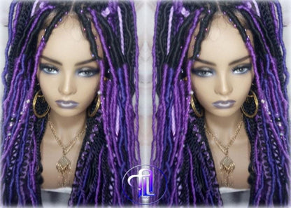 Full Lace Braid Dread Wig Black Purple Ombre Lavendar Goddess Faux Loc Wig Mermaid long rainbow boho bohemian braids wig