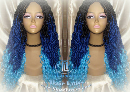 Goddess Faux Locs Blue Ombre curly long wig synthetic dreads crochet braids Mermaid Hair Drag Queen Cosplay Wig Carnival Festival Hair