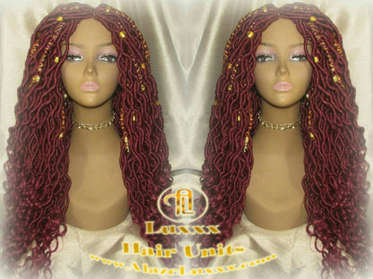 Braided Wig Rich Red Burgundy Gold Goddess Faux Loc Alopecia Hair Thinning Cancer Wigs Protective Box Braid Kinky Twist Crochet Braided Wig