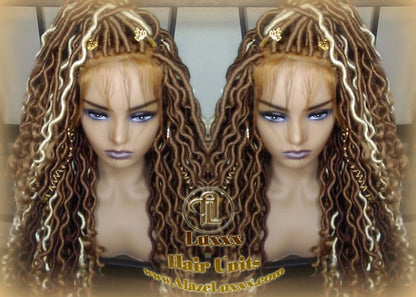 Honey Platinum Blonde Goddess Faux Gypsy Bohemian Boho  Loc Wig Blonde #613 #27 Wavy  Lace Closure DE SE Dred  Blonde Crochet Braided Wigs