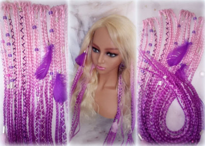 Pink Purple Ombre Clip in Braid Long 24 in Boho Extensions Pink Ombre Purple Box braiding hair Rave Festival Feathers Elements