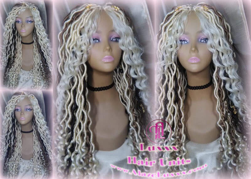 Goddess Faux Boho Platinum Blonde Braid Wig Gypsy Bohemian  Dread Locs Wig Honey Blonde Brown #613 #27 #4 Wavy  Dred  Lock Alopecia Cosplay