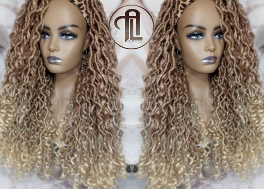 Headband Wig Blonde Mix 27 613 Boho Honey Blonde Goddess Faux Locs Gypsy Bohemian Boho Wig Blonde Marley Curly Waterfall Hair Braided Wig