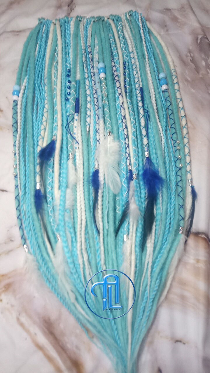 Blue White SE Synthetic Crochet Straight Dreads Braids synthetic soft and light Braid in Clip in hair extension Fake Faux Dreads Partial Set