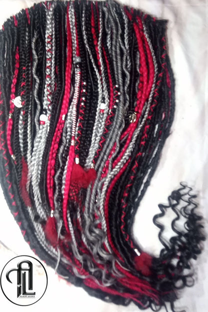 Red Black Silver Single Ended SE Set Kit  Soft Crochet Boho Dread Braid Hair Wrap Extensions Textured EDC EDM Hair Outfit Single Loop Dread