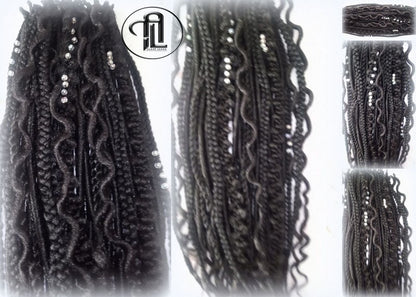 Black Single Ended SE 75 Piece Set Kit Goth Mixed Soft Witch Boho Dread Braid Hair Wraps Extensions Textured Natural Realistic